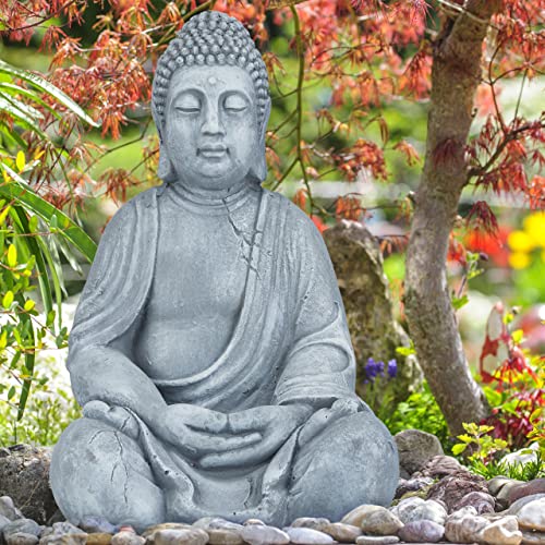 Statue de Bouddha pour jardin zen et terrasse : sculpture Relaxdays gris clair - 3