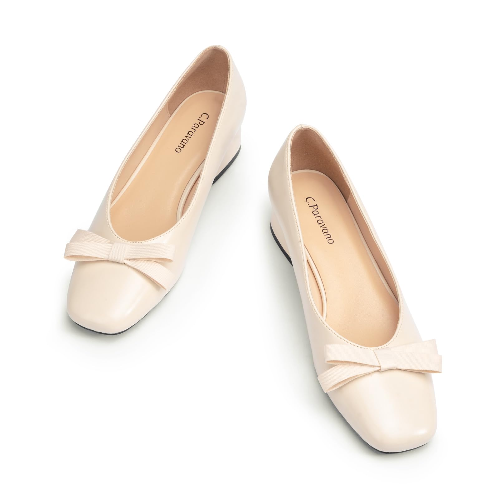 C.Paravano Women's Pumps | Chunky Block Heel & Square Toe | Dressy Casual | Lambskin Leather Insole | 1.5 Inch Low Block Heel Pumps | Fabric Bow | Comfortable Dressy | Office Work | Wedding Formal