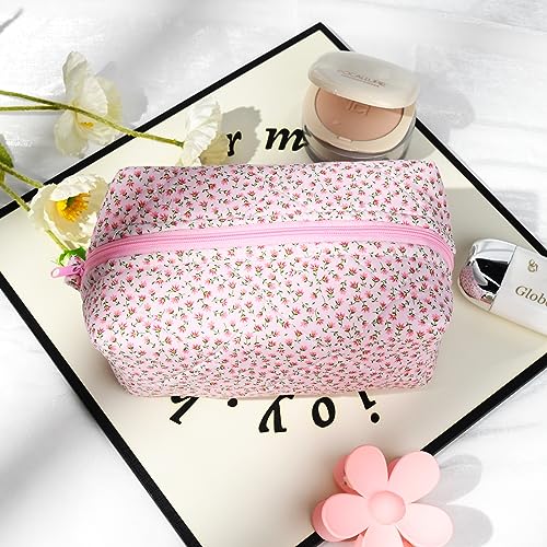 Quilted Makeup Bag Floral Cosmetic Bag Puffy Coquette Makeup pouch Aesthetic Cute Pink Travel Toiletry Bag Organizer cotton Makeup Brushes Storage Bag for Women2