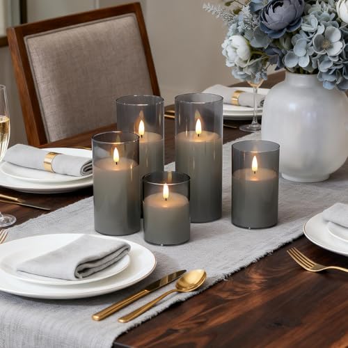 Image of LEDHOLYT Rechargeable Flameless Candles, Realistic Flickering LED Flame,Real Wax Candle with Remote Control and Timer, Clear Glass Electronic Candles, 1 Set of 5(Gray)