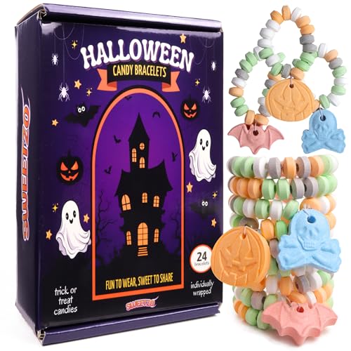 Halloween Candy Bracelets, Individually Wrapped Trick or Treat Pass Out Candies, Assorted Spooky Shapes, 24 Count