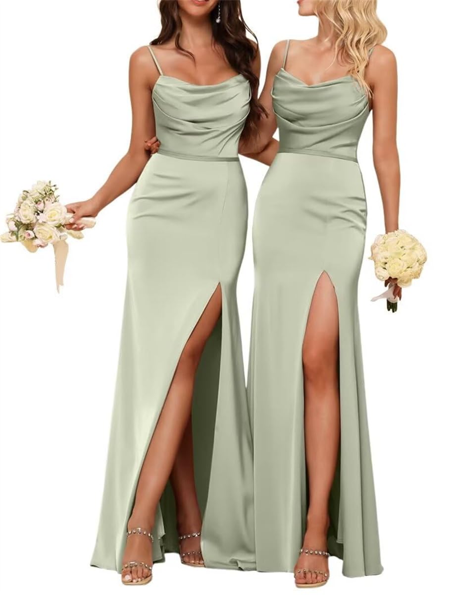 HPPEE Satin Sage Green Bridesmaid Dresses for Women with Slit Spaghetti Strap Cowl Neck Mermaid Prom Formal Dress UK6