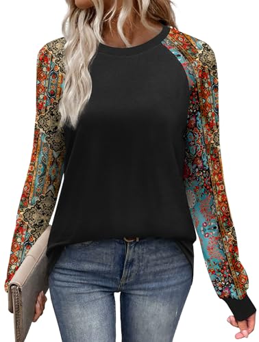 WIHOLL Womens Boho Tops Raglan Long Sleeve Shirts for Women Fall Outfits for Women 2025 School Outfits for Teachers Early Fall Fashion Must Haves Clothes Winter Clothing Trendy Black Print L