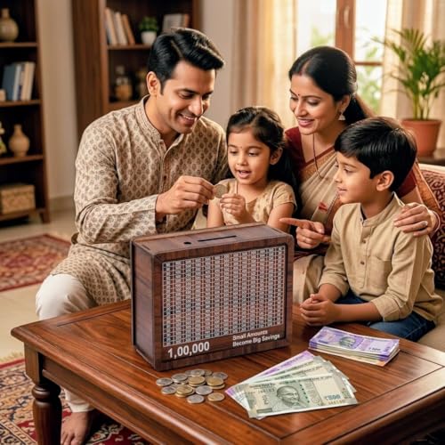 Image of 1 Lakh Savings Challenge Box, Wooden Money Saving Tracker with Goal Chart, Brown Square Gullak Piggy Bank for Kids and Adults