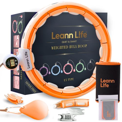 Leann L!fe U5-16 Knots 28”- 46”Counter, Waist Trimmer & Wash Bag, Upgraded Quiet Smart Weighted Hula Hoop for Adults Weight Loss, Infinity Hoop Plus Size, Fitness Exercise, Abdominal Toner,Orange