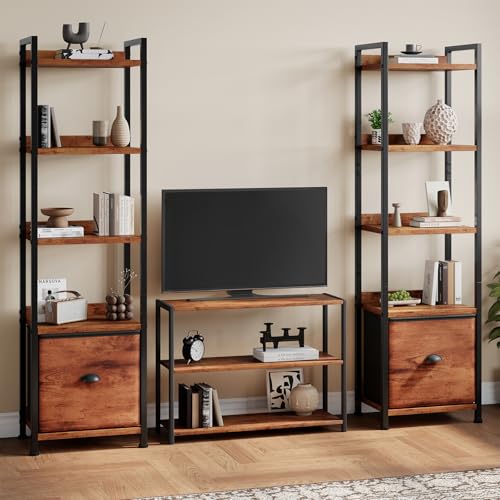 Image of DUMOS 5 Tier Bookshelf with Fabric Drawer, Tall Industrial Bookcase, Narrow Display Standing Shelf, Wood and Metal Storage Shelf Organizer in Bedroom, Living Room, Brown
