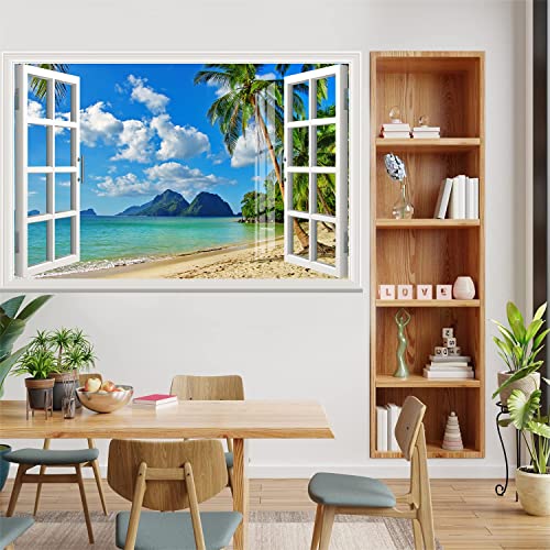 Fake Window Removable Wall Sticker Mural 3D Self-Adhesive Window Poster Decor-24"X35" Summer Beach Creative Window Decal Wallpaper Peel And Stick Faux Window Picture For Bedroom Living Room Office #TOP3