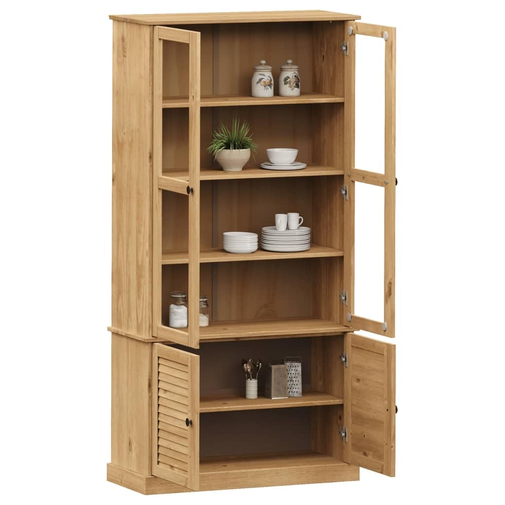 Vitrine VIGO 85x35x170 cm Massivholz Kiefer in Honigbraun, Rustikaler Vitrinenschrank mit Glastüren und Jalousie-Design, Holzschrank Geschirrschrank fürs Wohnzimmer