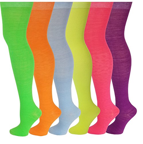 6 Pairs Pack Women Multi Neon Color Fancy Design Thigh High Over the Knee Socks Stockings (6 Pairs Solid)