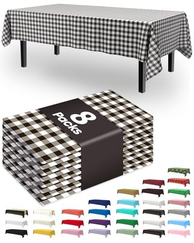 Image of Pureegg Plastic Table Cloth Disposable 8 Pack, 54 x 108 Inch Table Cloths, Party, Picnic, Decorative Gingham Tablecloths, Rectangle, Black and White Checkered Cover, Leakproof & Sturdy, Black Plaid