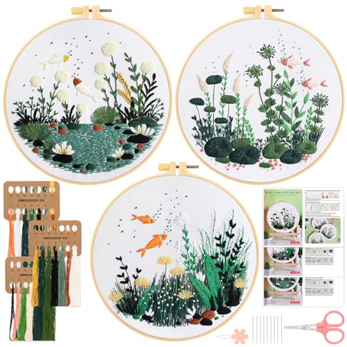 JSRQT 3 Piezas Kits Bordado Inicio para Adulto Principiantes Mano Cross Stitch Punto Cruz Pez de Colores Niños DIY Completo Embroidery Patrones Práctica Arte Starter Hilos Colores y Herramientas