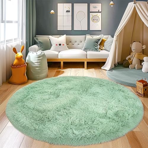 Sage Green 6FT Round Fluffy Area Rug - Super Soft Microfiber Shaggy Carpet for Kids Room, Nursery, Bedroom