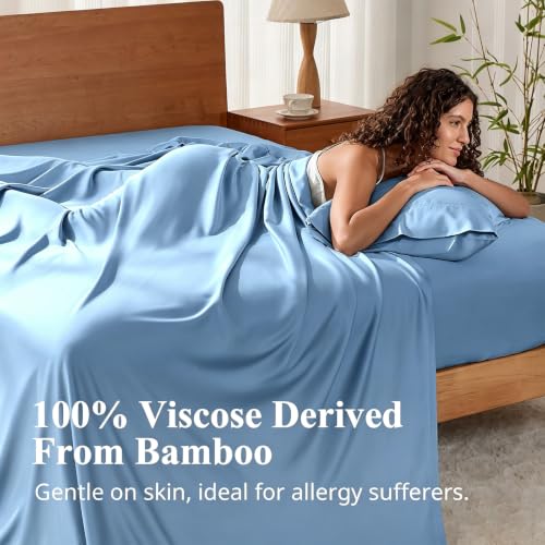 Image of Twin Size Sheet Set, Viscose Bamboo Sheets for Bed Set 3pcs, 100% Viscose Derived from Bamboo, Hotel Luxury Silky & Cooling for Hot Sleepers, Deep Pocket Up to 17 inch, Light Blue