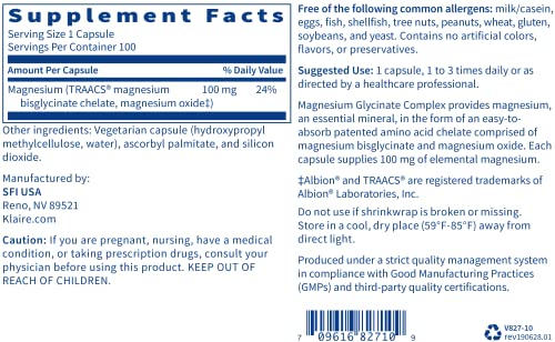 Klaire Labs Magnesium Glycinate Complex - 100Mg Bisglycinate Blend To Support Bone Health & Rest - Chelated For Improved Absorption - Gluten-Free & Hypoallergenic (100 Capsules) #TOP4
