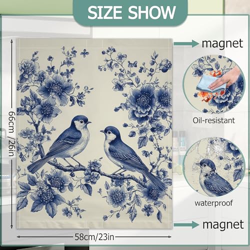 Image of Blue Birds Refrigerator Magnet Cover,Retro Flowers Washable Dishwasher Magnets Decorative Cover,Home Kitchen Decorative Dishwasher Front Panel Cover 23x26 Inch