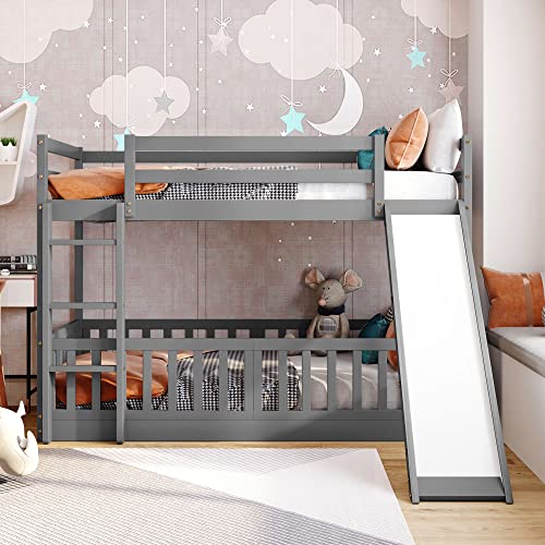 SOFTSEA Juniors Twin Over Twin Bunk Beds with Slide, Solid Wood Low Bunk...