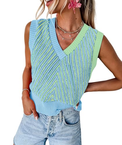 Image of MARZXIN Women Sleeveless Sweater V Neck Casual 2026 Fall Knitted Chevron V Neck Sweater Vest Color Block Pullover Sweater Top