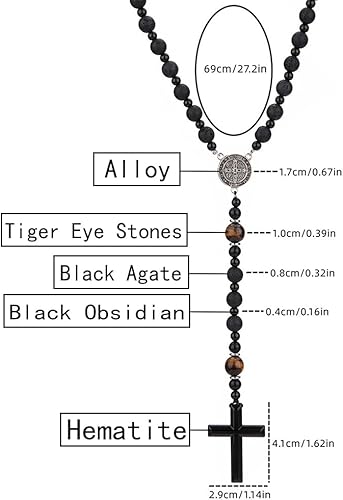 Miniatura 2 de Black Onyx Obsidian and Tiger Eye Beaded Hematite Cross Pendant Saint Benedict Necklace Christian Sacramental Medal Ward off Evil Protection Jewelry