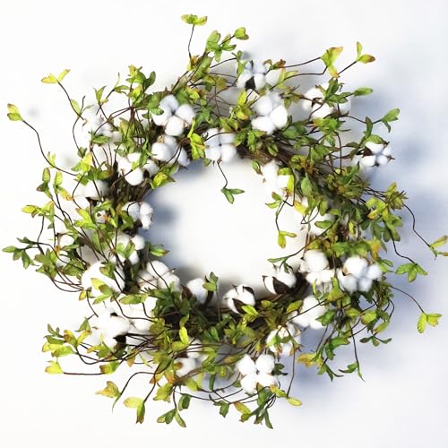 idyllic Green Leaves and Cotton Wreath for Front Door, Artificial Wreath on a Natural Twig Base for Farmhouse, Garden, Wedding, Decor