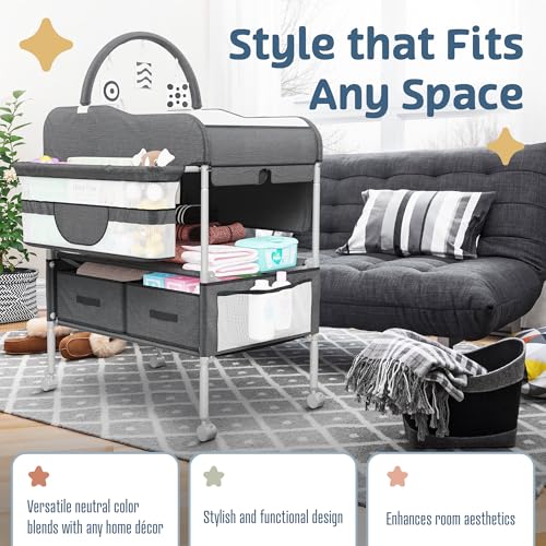 Image of Baby Changing Table Black with Storage - Collapsible Baby Diaper Changing Station with Toy Holder, Baskets - Diaper Changing Table for Small Spaces, Portable Changing Table for Baby