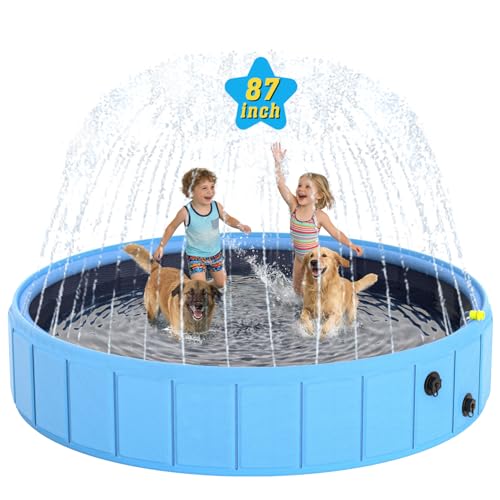 BerrysParadise Foldable Dog Pool with Sprinkler, 87'' Extra Large Non-Slip Dog Swimming Pool, 2-in-1 Outdoor Backyard Pet Bathing Tub with Drain Plug for Dogs Kids Pets Ducks