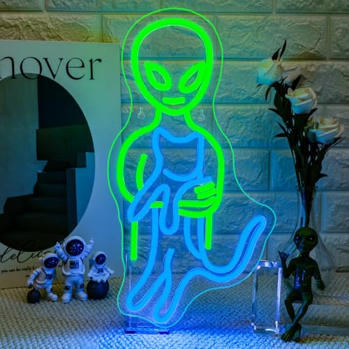 Image of Ineonlife Alien Neon Sign, Cat Led Lights for Wall Decor, Dimmable Led Neon Light Up Sign for Bedroom Green Aliens Cat Light for Game Room Man Cave Party Decoration Alien Gift for Kids Boys (8.6 inch x 16.5 inch)