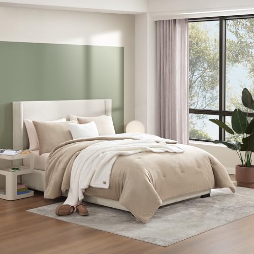 Image of UGG Remina Comforter Set 5 Piece Bed in a Bag with Throw Blanket, Decorative Pillow, Shams, and Reversible Comforter Hypoallergenic Washable Luxury Warm Fluffy Bedding Set, Full /Queen, Brown Birch
