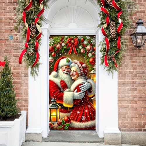 Image of BlissYard Christmas Door Cover Santa Mrs Claus 35x71 Inch Polyester