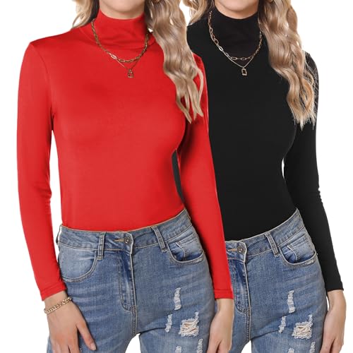 Aottori Pack de 2 Camiseta Cuello Alto Mujer Manga Larga Camisetas Básica Interior Ligera Ajustado Suave Tops Elegante Térmica Cálida Negro+Rojo M