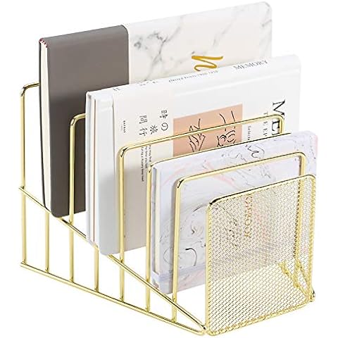 Simmer Stone Incline File Sorter, 7 Slot Magazine Holder for Letter, Document, Folder and Book, Metal Desktop Organizer Rack for Home, School and Office, Gold Cover