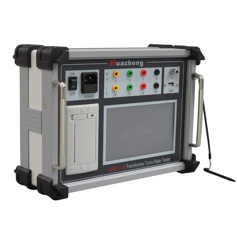 Angled front view of the Huazheng HZBB-10B Transformer Turns Ratio Tester, highlighting the side handles and overall robust casing.
