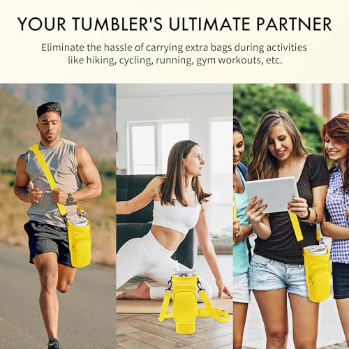 Image of Water Bottle Carrier Bag with Phone Pocket for Stanley Cup 40 /30 oz, Water Bottle Holder with Adjustable Strap& Straw Cover, Stanley Cup Accessories (Yellow)