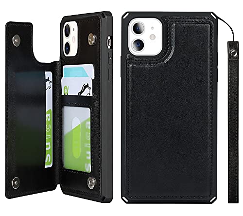 Étui portefeuille iPhone 11 en cuir PU noir avec porte-cartes et blocage RFID iCoverCase