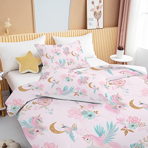 Bedmust Unicorn Comforter Set Twin - Soft Cute Pink Unicorn Bedding Set With Flowers Leaves And Blue Birds Print Pattern 3 Piece Unicorn Twin Bed Set For Girls Boys Kids (Twin, Gold Moon) #TOP4