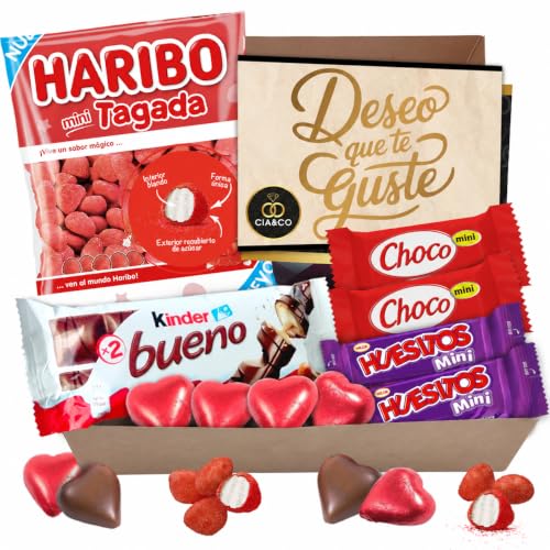 Cajita para Regalo con Chocolate Kinder Bueno, Bombones en forma de Corazon Rellenos, Huesitos, Gominolas, y Mucho Más · Día de la Madre · Con Tarjeta y Texto Personalizada