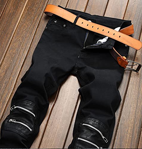 Men's Ripped Patchwork Pleated Stretch Biker Jeans with Zippers3