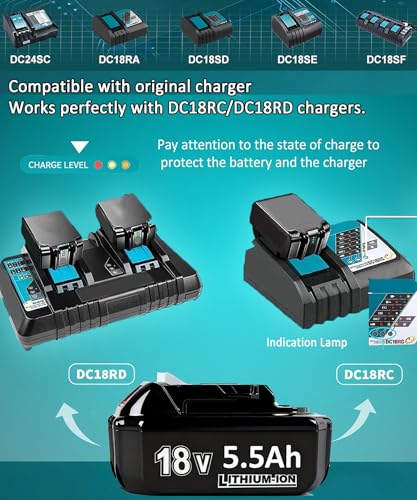 Batterie BL1860B 18V 5,5 Ah de remplacement avec indicateur LED pour outillage LXT, pack de 2