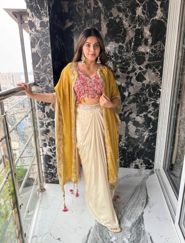 Image of Women Indo Western Dhoti Set with Blouse and Shrug Sequins Embroidery Bandhani Print Ethnic Wear