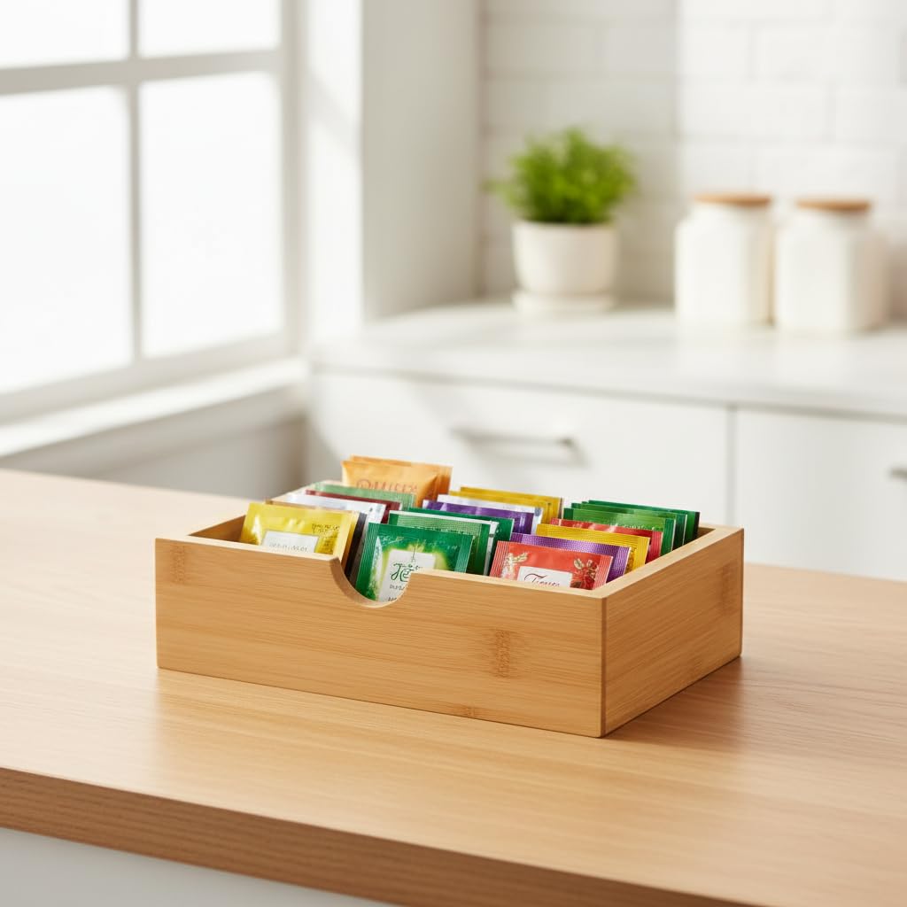 Deconox Doğal Bambu Peçetelik ve Çok Amaçlı Organizer Kutu - 18.5x12.5x5 cm Masaüstü ve Banyo Düzenleyici Ahşap Stand