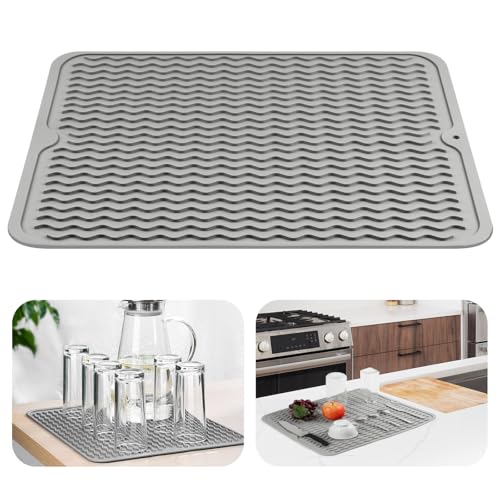 OSDUE Alfombrilla Escurreplatos de Silicona,40 x 30cm Alfombrilla Escurreplatos Plegable,Estera Para Lavar Platos Enrollable Antideslizante Resistencia a Altas Temperatura para Cafetera,Gris