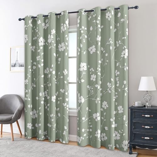 Sage Green Floral Blackout Curtains 66x90 Inch Eyelet Thermal Drapes for Bedroom & Living Room 2 Panels Flower Leaf Window Treatments Elegant Home Décor - Image 3