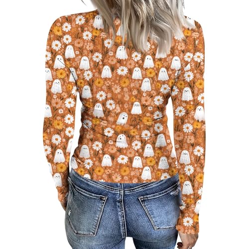 Halloween Shirts for Women Long Sleeve Crewneck Slim Fitted Basic Tees Funny Ghost Bat Pumpkin Graphic Ribbed Shirts3