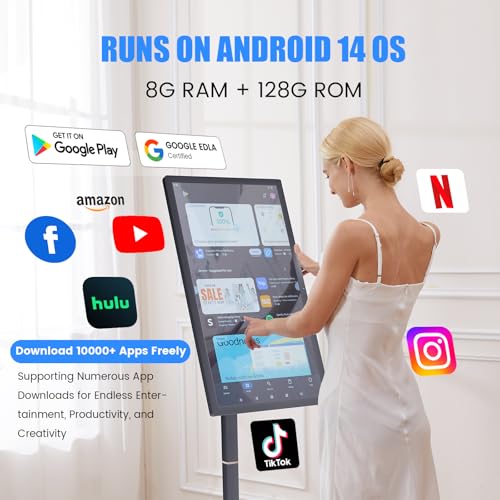 Image of 32 Inch Smart Portable TV on Wheels,FHD Touch-Screen-Monitor,Wireless RollableTV, 8G RAM,128G Storage,Built-in 6-8H Battery,Android 14,Full Swivel Rotation,Remote Control (Grey)