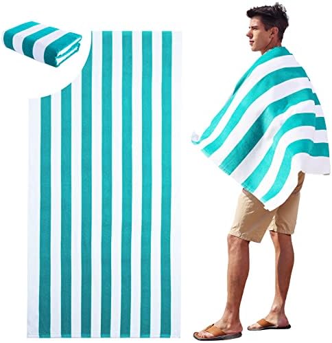 ROYAL MATRIX Striped Large Beach Towel - 100% Cotton 30''x60'' Cabana Striped Beach Towel 1-Pack Bath Towels Super Absorbent Soft Pool Towels Swim Towels (Green, 30" x 60")