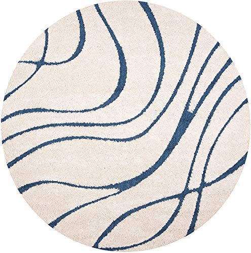 Image of Geometric Wave Round Shaggy Carpet for Living Room, Bedroom, High Low Design Finish Microfiber 1.8 Inch Pile High, 6x6 Feet Ivory|Blue Color