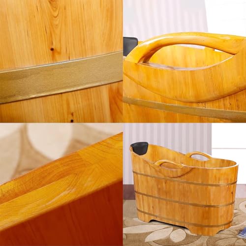 TT-YEC Tiefe Badewanne Für Erwachsene Mit Handläufen, Kompakte Badewanne Aus Holz Mit Kopfstütze, Hocker Und Wasserventil, Orientalische Klassische Badewanne, Tragbare Badewanne,L160cm – Bild 6
