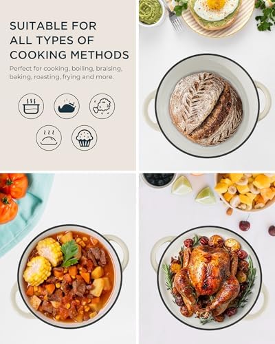 Enameled Cast Iron Dutch Oven - 7.5QT Pot with Lid & Cotton Potholders - Heavy-Duty Cookware for Braising, Stews, Roasting, Bread Baking, Oven Safe up to 500° F & Across All Cooktops, Cream White - Thumbnail 5