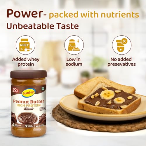 Image of Sundrop High Protein Peanut Butter | Whey Protein Added | Dark Chocolate | 30g Protein & 5.8g Fiber| 500g Crunchy | Low in Sodium | No Preservatives | Tasty & Healthy Nut Butter Spread for Breakfast