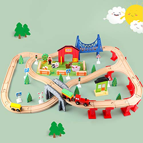 Jacootoys 80 STKS Houten Auto Tracks Set Magnetische Treinen Schuur op Boerderij Thema Educatieve Bouw Speelgoed voor Kids 3+Jaar Oude Meisjes Jongens - Image 4