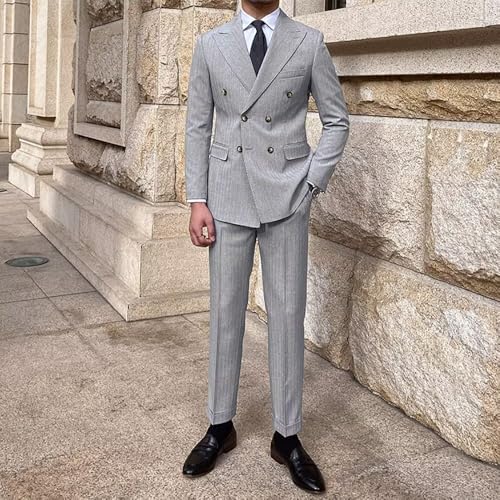 Men's 2 Piece Tweed Herringbone Business Suit Slim Double Breasted Striped Suit4